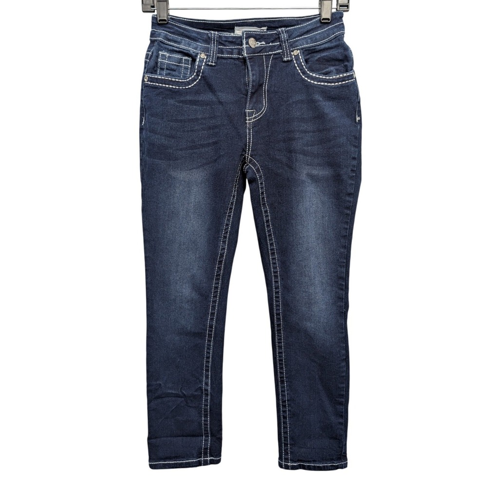 Bamboo Skinny Jeans Capri Women 7 Blue Embellished Cross Contrast Stitching